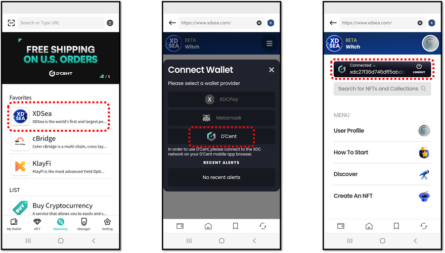 D'CENT Wallet dApp browser for seamless access to XDC-based blockchain services.
